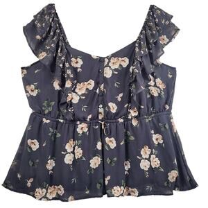Torrid Blouse Women 3X Gray Cream Floral Flutter Sleeve Peplum Cinched Waist NWT
